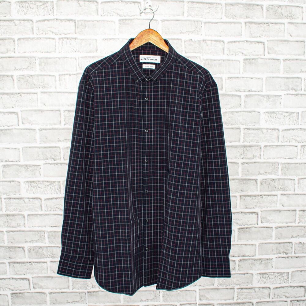 MIZZEN + MAIN Men's Trim Fit Button Down Shirt Navy Grid Check Size 2XL